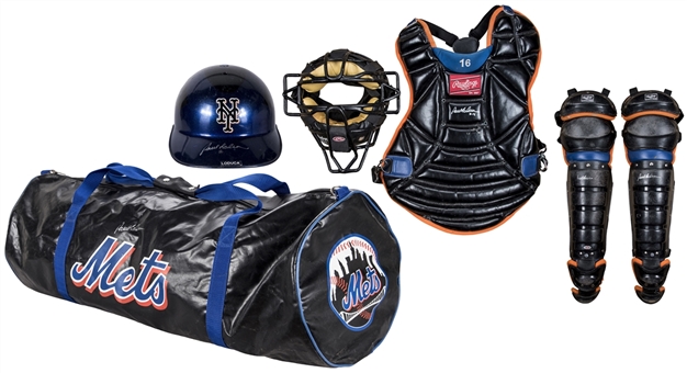 Lot of (5) 2006 Paul Lo Duca Game Used New York Mets Catchers Equipment: Chest Protector, Face Mask, Shin Guards, Bag & Helmet (Mets-Steiner)